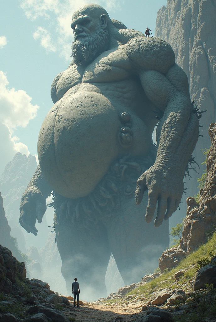 A giant as big as a mountain Looking up from below Huge belly Lower Body feet