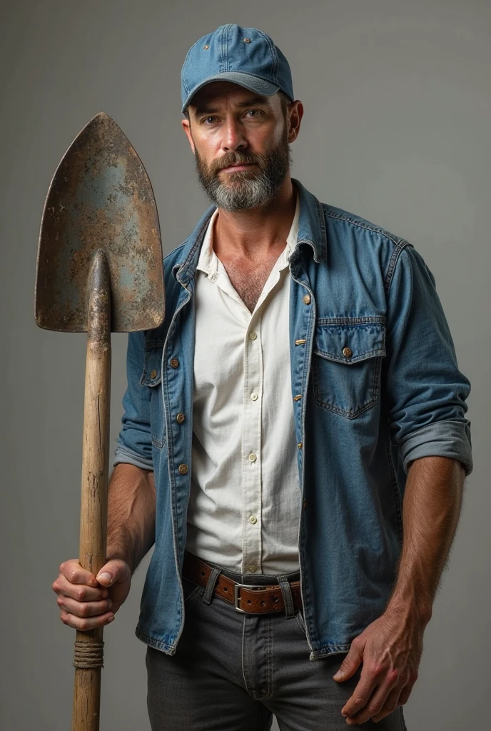 Farmer holding a hoe on a white background
