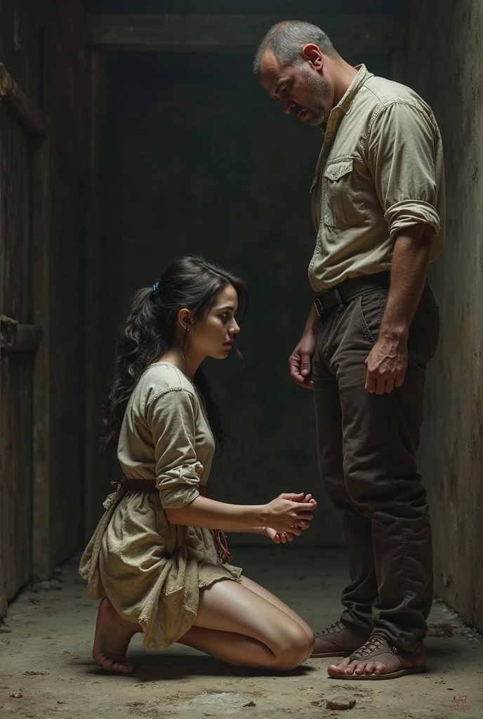 A poor man and woman, both bound with chains
the other man has fist try to cut there chain