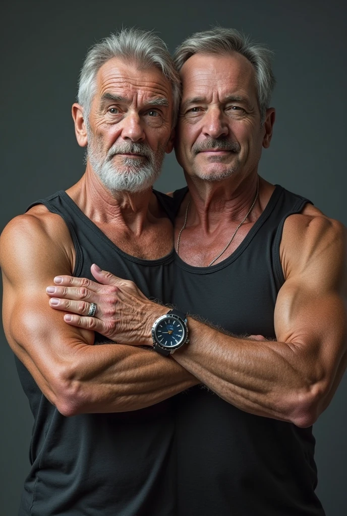 Hyper realistic photo of twins hairy alpha white caucasian male, silverfox in his forties, deep blue eyes, silver grey hair, heavy hairy body hair, short beard, shirtless, wearing trunks showing a massive bulge, kneeling down in bed, flexing his hard monster
muscles