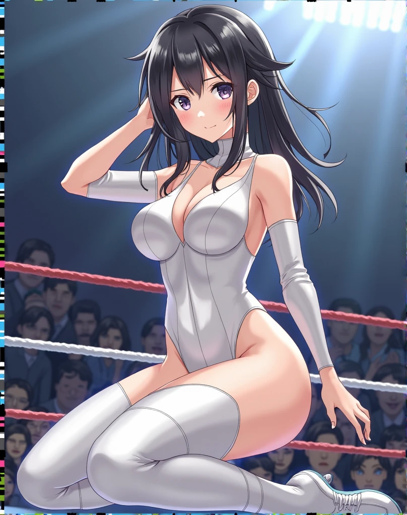 masutepiece, Best Quality, Game CG, 1girl in, Solo, Looking at Viewer, , depth of fields, , Realistic,,Stand in the ring of professional wrestling,Cyan lace fabric one piece swimsuit,Idol,Black hair straight,Idol female professional wrestler