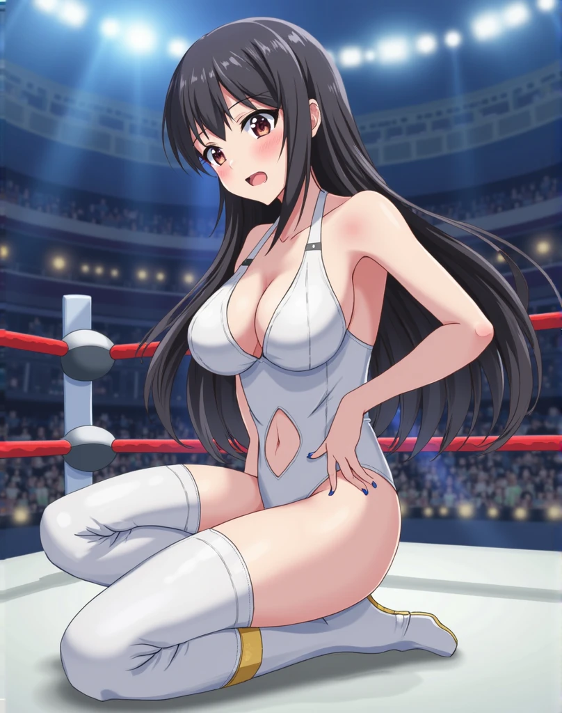 masterpiece, super fine illustration, best quality, light particles, ultra detailed, perfect anatomy, Japanese anime style, 8K, (woman), big breasts, ((black long hair)), shiny hair, shiny skin, oily skin, beautiful face, ((white) leotard, wrestling boots:1.2), (nipples), (orgasm face, beautiful purple eyes, shiny eyes, big eyes), blush cheeks, (arched back), (vaginal penis:1.2), (man:1.3), (sit astride on man), (girl on top), (cowgirl position:1.2), (rodeo:1.2), hetero, man in below, (intense Sex:1.7), (cum out:1.2), nsfw, stage, wrestling stage, crowd, illumination, shadow,
