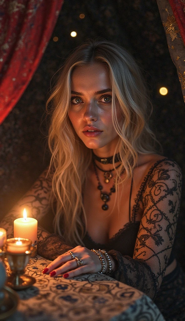 
Create a realistic 8K image of a Blonde Green Eyed Gypsy with an average age of 30 years old. She is very beautiful, elegant, charming and attractive with an intimidating posture. She is dressed in a black outfit adorned with red roses over her outfit playing tarot cards. The setting includes lit candles, creating a mystical atmosphere with vibrant and striking colors. The scene must have an atmosphere of mystery and charm, she needs to have her hands on the table focused on her cards, which are spread out on a table in front of her, the gypsy is looking directly at the camera, her posture is straight towards the camera