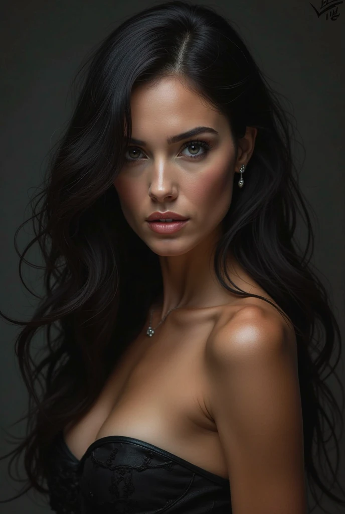 Dominatrix woman in her 60s, very thin white wrinkled, full body pose, nude, sexy pose, smiling showing teeth, heavy makeup long black and black hair looking at camera, detailed photo, realistic lighting, High quality real skin: 1.4, Enhanced cinematic lighting: 0.9, hyper-realistic: 1.4, (soft lighting: 1.05) moving figure, sexy dominant pose, domination, mistress, BDSM.