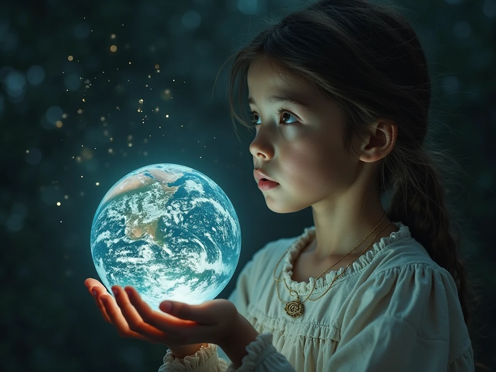 a girl, holding a blue globe with care, cute, feminine, luminescence, fantasy, 