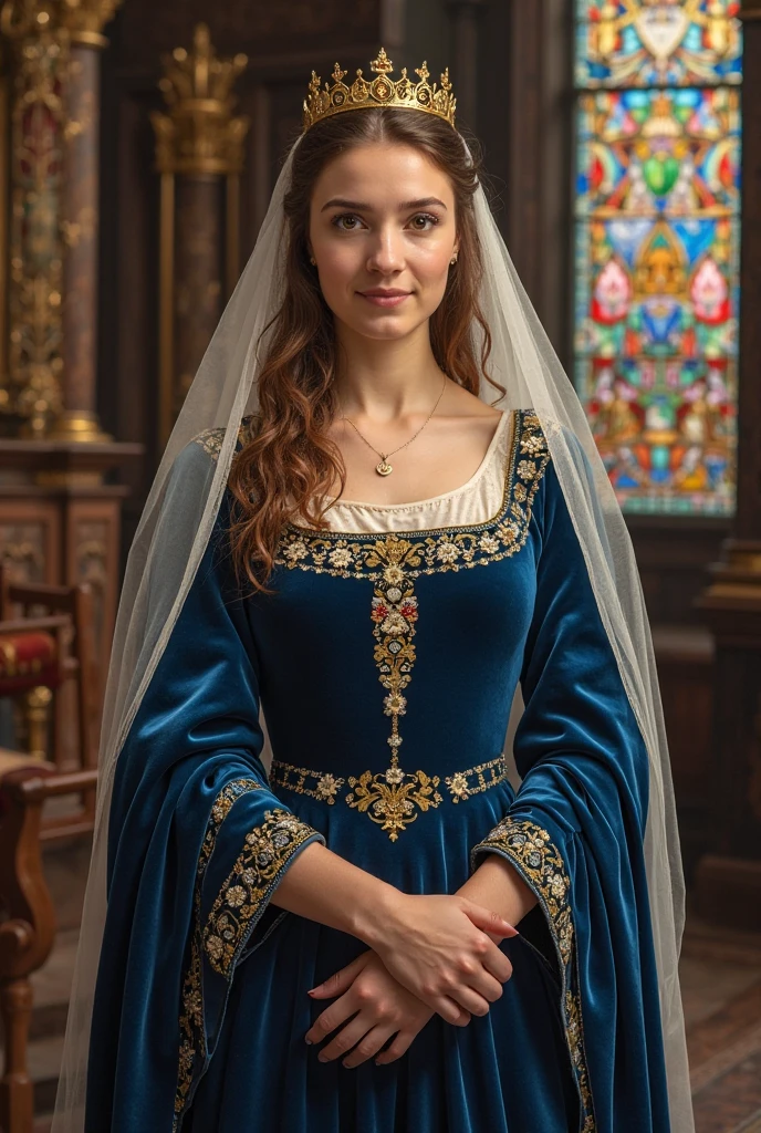 Woman, medieval woman, smile, brown eyes, no visible hair, no hair showing, hair covered, hair completely covered, forehead covered, freckles, white headscarf, veil, white veil, medieval veil, medieval dress, light blue medieval dress, modest dress, golden details