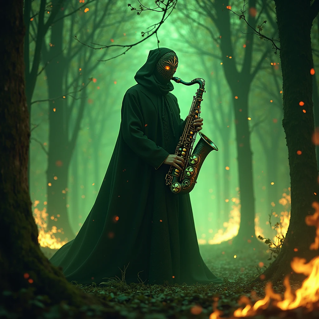 A werewolf plays his flute at dusk in a dense autumn forest, surrounded by glowing mushrooms and floating fireflies on the moss-covered ground, near an ancient stone altar with offerings hanging from it, and the air is filled with A mysterious atmosphere. Unseen eyes watch from the trees, the music of Satiris is woven through the woods like a spell, the colors are negative gold, orange and crimson, the environment is senseless and otherworldly, a hidden place of ancient rituals<flux.1_lora_flyway_Epic-detail_v2_000009500:1.0>