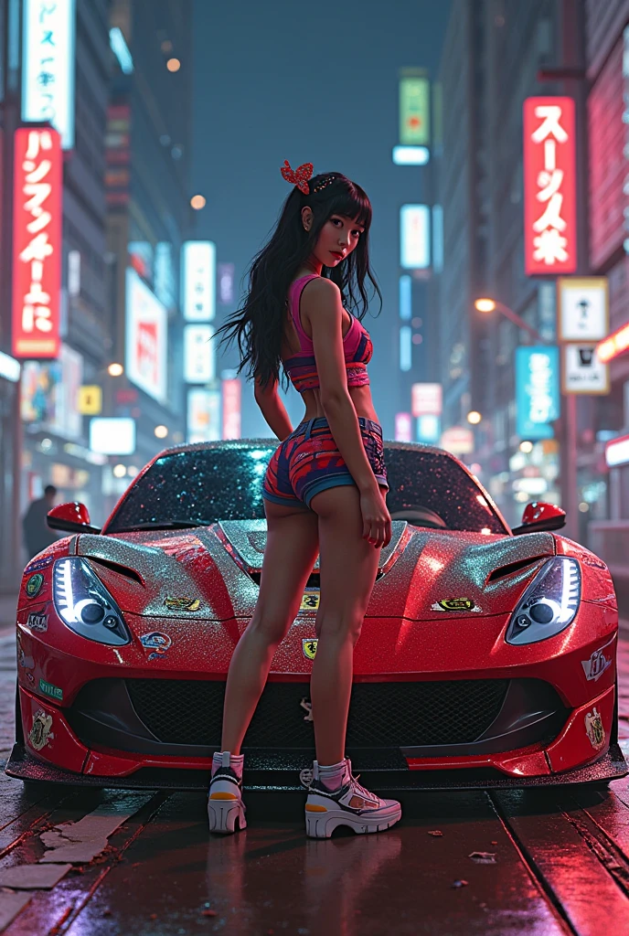 Cyberpunk City Night，A shapely anime girl sits on the hood of a stylish sports car。she wears high fashion，Wear unique high heels，匹配未来car的风格。car&#39;Stylish hood reflects vibrant neon lights，Charming scenes are created。Composition follows the rule of thirds，The girl is on the side，Put the sports car on the other side，maintain visual balance。Neon lights and architectural lines guide the viewer’s eye，Emphasize that girls are the focus。This work of art is a true masterpiece，Show the beauty and charm of the cyberpunk world with exquisite 4k details。