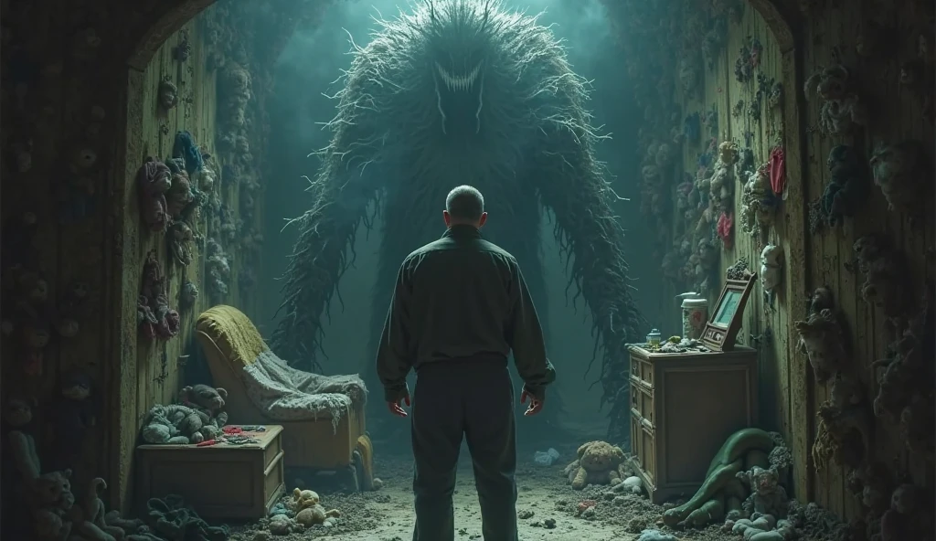 Make a creature, a shapeless mass of flesh and bones, with eyes that glow with evil intelligence. His limbs are disproportionate and his skin appears to be in a constant state of confidence. This creature is trapped in a cage and a scientist looks at it with a very scared expression, Jumping on top of a scientist looking into his eyes