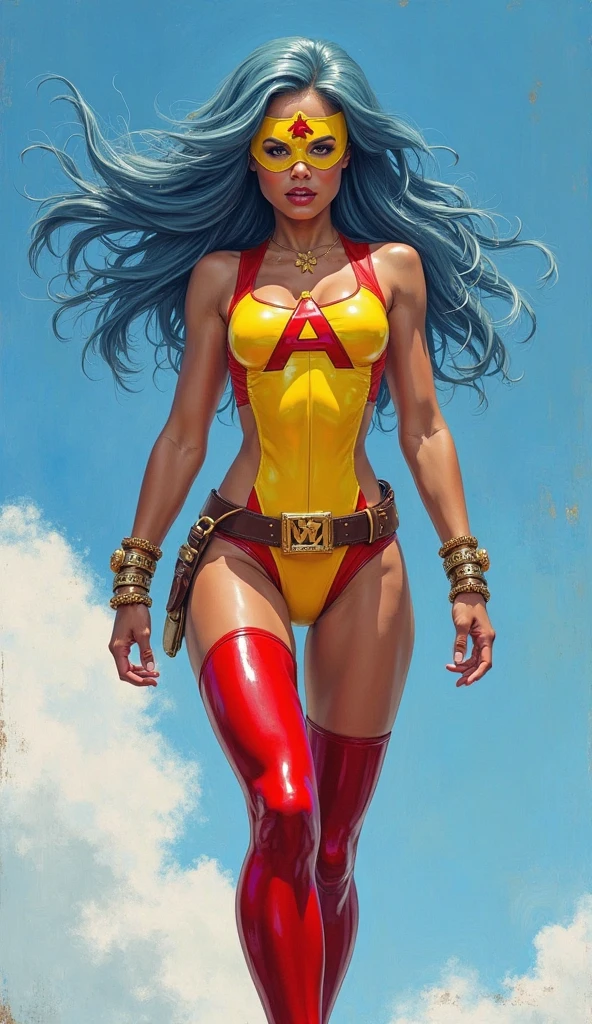 MariaRivera, long curly black hair, domino mask, dark skin, red lipstick, medium breasts, green eyes, hoop earrings,red cape, silver thighhighs,heels, silver elbow gloves,silver leotard,star (symbol),silver sombrero,looking at viewer, serious, seductive smile, squatting, spreading legs, outside, city, side walk, blue sky, high quality, masterpiece, <lora:MariaRivera:.7>