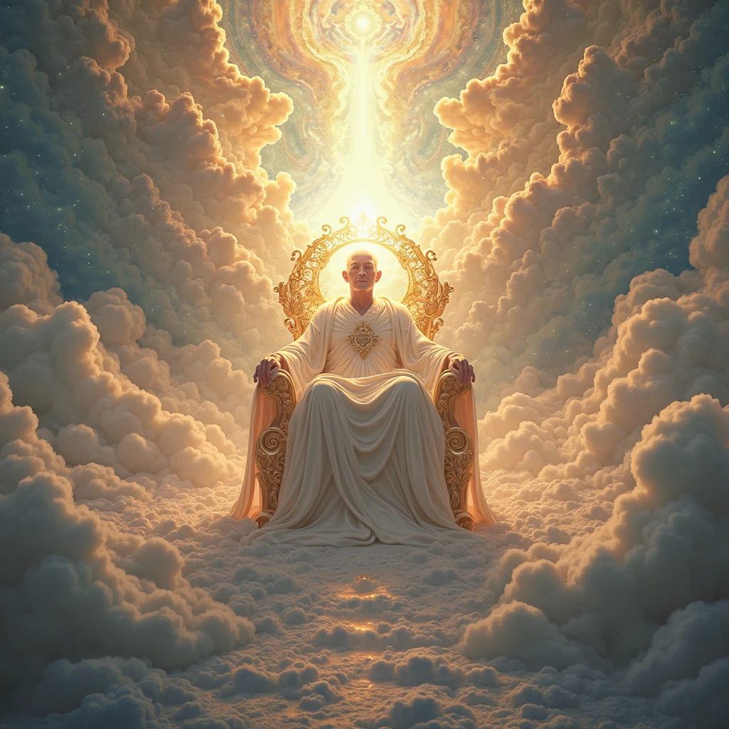 Human-shaped being of bright appearance sitting with imposing aspect on a golden throne, all this in the heavens. The throne beneath has flames and the clouds of heaven surround both.