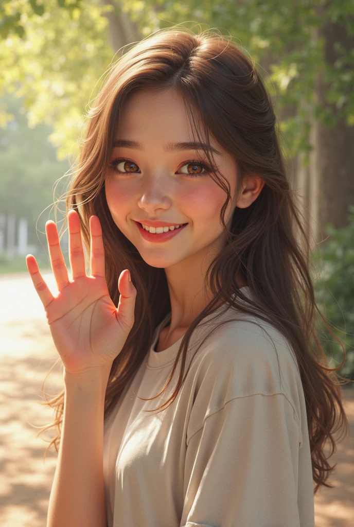 Brown Hair,Medium Hair,20-year-old female, With the correct face, Cute natural smile, Japanese facial features, A clean and cute face, Realistic portraits, 8K Photo, Soft Makeup,Natural skin texture,Raw photo,highest quality,Full Body Shot,Waving