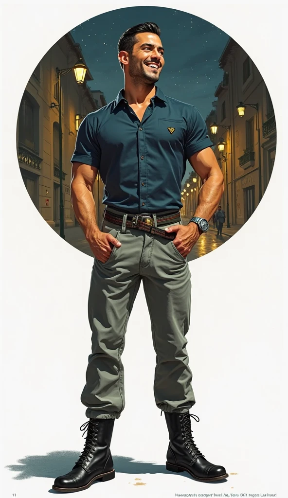 ilustracion+fotografia+norman_rockwell generar imagenes con el modelo, latino, cuerpo esbelto musculoso, muy guapo, apoyado a un streetlight (2031): Context: City street night. Model: Man with unbuttoned shirt. Elements: street light shirtless, shorts. Expression: Relaxation and seduction.