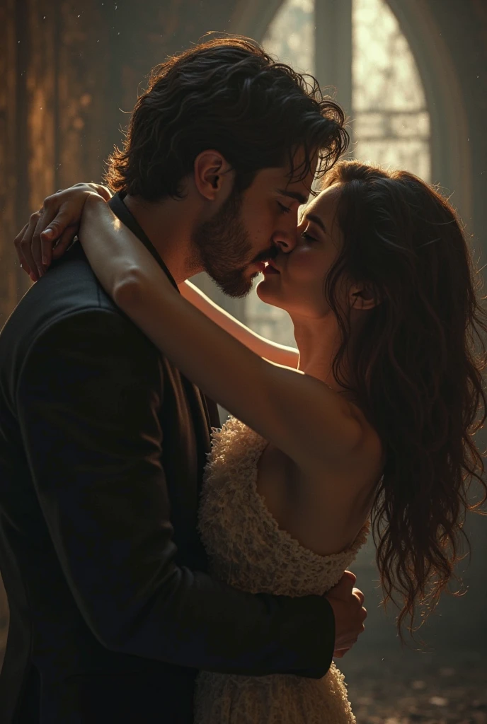 (Romantic and passionate kiss scene in the movie),(Best quality, Cinematic, best lighting and shadows),(Close-up shot, an extreme closeup shot),(1girl and 1boy),(Long hair:1.2+suit),(Red lipstick:1.4+Black hair), Romantic music, Blurred background