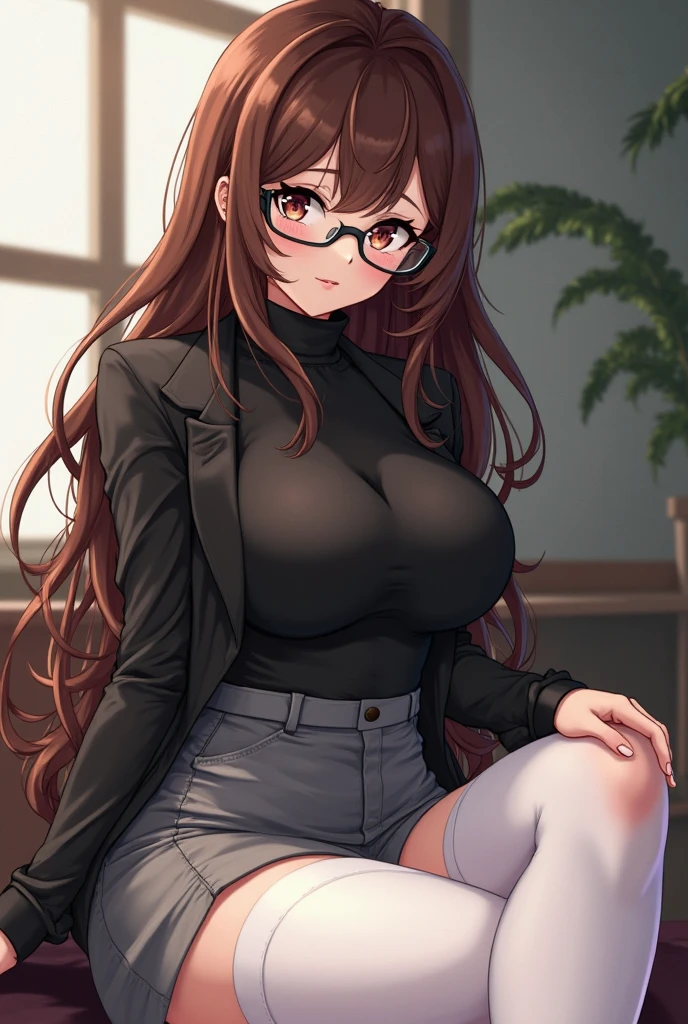 ((1girl)),((alone)),Chizuru Mizuhara, (kanokari),(masterpiece), (best quality), (ultra detailed), (best illustration), (best shadow), (absurdities), sharp focus , cowboy photo, atmospheric perspective, depth of field, dynamic posture looking at the viewer, big breasts, narrow waist, wide hips, wide thighs, round butt, erotic, romantic, (highly detailed eyes, lips 1.1), highly detailed eyes, eyes, Very detailed face, Very pretty face, Symmetrical face, Aesthetic face, perfect face, perfect eyes, detailed eyelashes: 1.5), full height, beautiful slender figure, femininity, expressive appearance, elastic big breasts, sexuality, half-open lips, eyes brown,Long hair, brown hair, ((twin braids:1.3)), ((two tails)), single, hair ornament, hairpin,(( black glasses:1.3)),twin braids,((denim jeans :1.4)), tight jeans, ((black sweater:1.4)),tight sweater,((neckline:1.3)), collarbone, ((long sleeves)),((black heels:1.2)),hand on hip ,curves,defined body,perfect and beautiful body,perfect and beautiful,closed mouth,flirtatious expression,smile,blush,(sexy pose: 1.2),((solo)), standing: 1.3,( (indoor, school, library, shelf, books, table, day, sunny, light reflection,)), looking forward, ((focus on breasts:1.4)), point of view: (from Middle), perfect anatomy, perfect hands