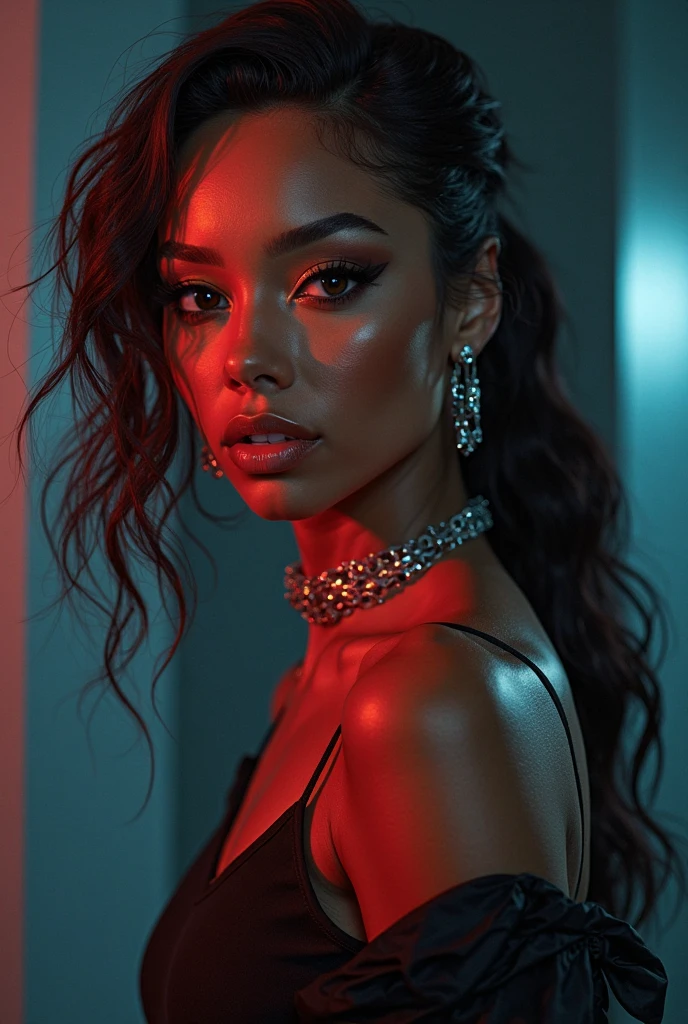 Side View :{Higher resolution of a baddie caramel, latina blasian mixed women,colorful tattoos ,glossy skin extremely long glossy black hair touching the floor,} she wrapped around in a puerto rican flag , she standing in bioluminescent red glowing water, smiling with her tongue out, water dripping from her lips