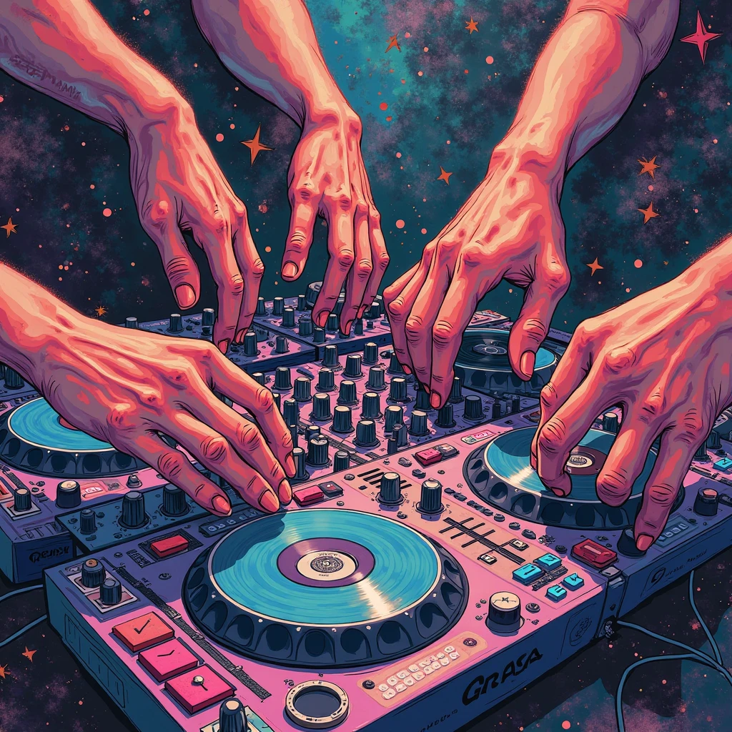 (((Ink Painting))), (((1 girl))), Japanese style headphones, Very close up, DJ's girl dance on a chair with a DJ's girl in her hand, Bright and colorful cartoon style, background ( DJ Console, Huge music speaker )