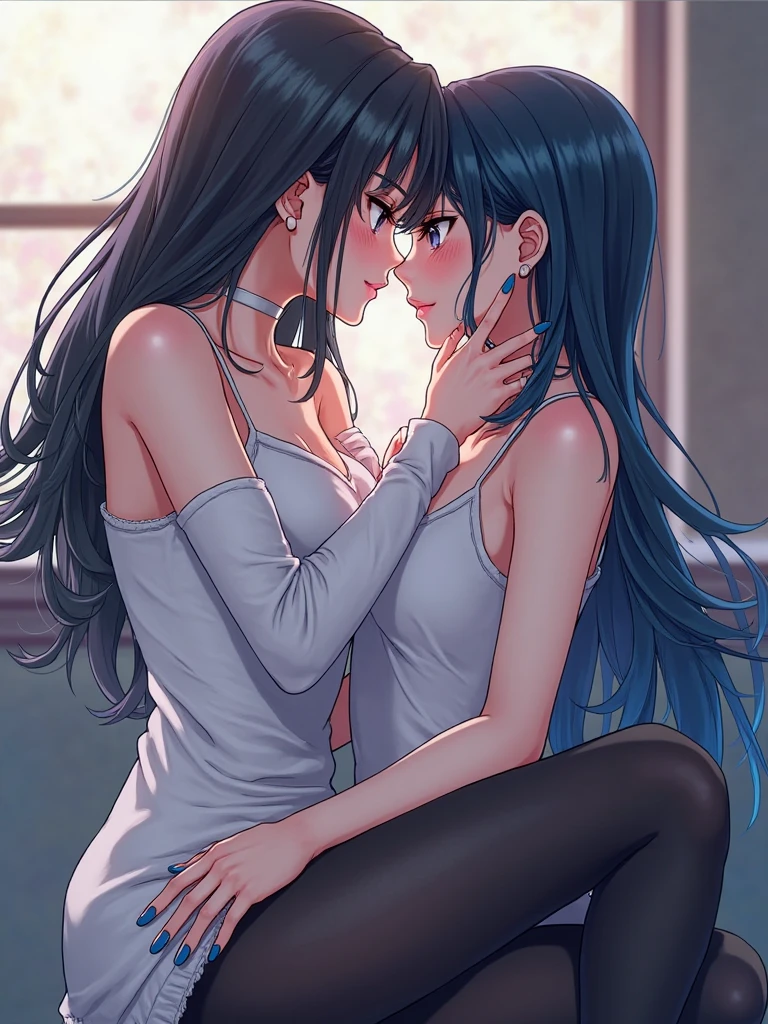 Beautiful woman with long black hair,the kiss