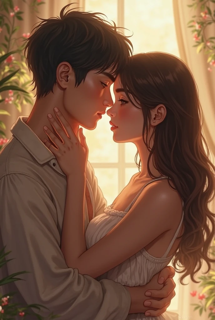 Young couple The woman has long black hair and large breasts.。. The man is handsome Genuine Asia realism indoor