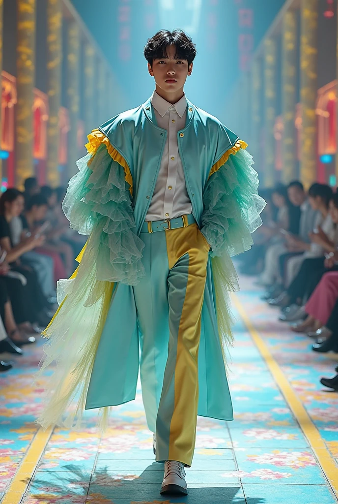 8k, masterpiece, RAW photography, best quality, photorealistic, highly detailed CG unity 8k wallpaper, depth of field, cinematic light, lens flare, ray tracing, (extremely beautiful and charismatic face, beautiful lips, beautiful eyes), intricately detailed face, (ultra detailed skin), 1 man, in nature, in deep shadows, beautiful European male, kpop idol, 1 male, (very strong and muscular body:1.3), (looking at audience), (great determined look) :1.3), (sleeveless), (fashion city night, dark night, neon signs, blurred background), fashion street night, (people in back:1.3), beautiful earrings, bracelets, necklace, pantyhose, clear eyes, walking, (pale skin), (big eyes), face forward, (upper body shot), (a loose clothing:1.3), (brown hair), (bosh clothing, (transparent), (looking at audience:1.3) very strong ,, turning his back, (back shot), transparent, medium-sized hips.