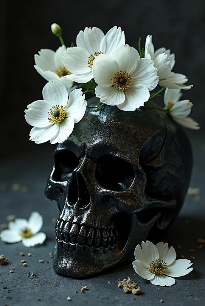 Cráneo orientado asia arriba bista de pefil with estilo Art Nouveau, showing fluid lines and organic shapes typical of this style such as Alphonse Mucha. Two lit candles emerge from the eye sockets, with . Intricate details of flowers and vines adorn the skull, integrating natural elements such as leaves and flowers into an elegant and detailed pattern. Candlelight casts soft, complex shadows, creating a mystical and artistic atmosphere.