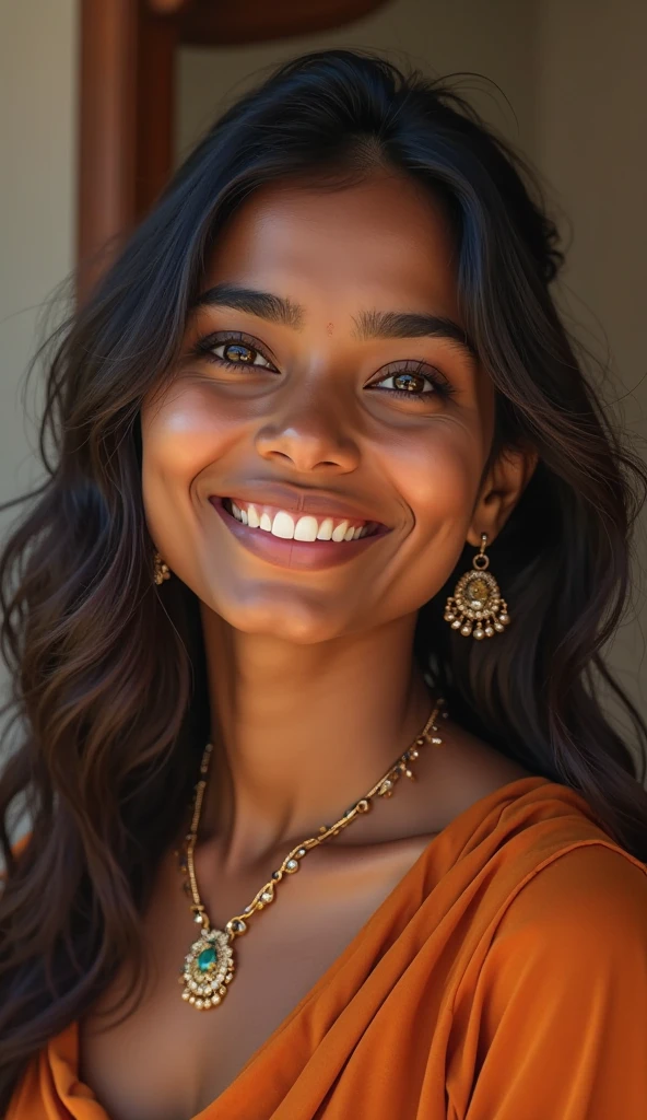 There is a young, Beautiful indian woman, who looks to the future like Katrina Kaif, Smiles into the camera, beautiful teeth, She looks into the camera, a portrait from raw photo, body, conservative modern color dress, ((hair Asymmetrical Cut)),