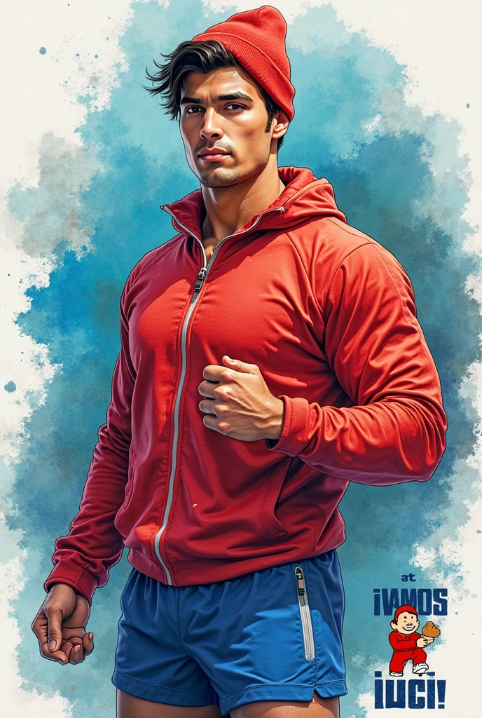 (a watercolor and pencil drawing of an incredibly handsome 35-year-old athlete with short dark brown hair,