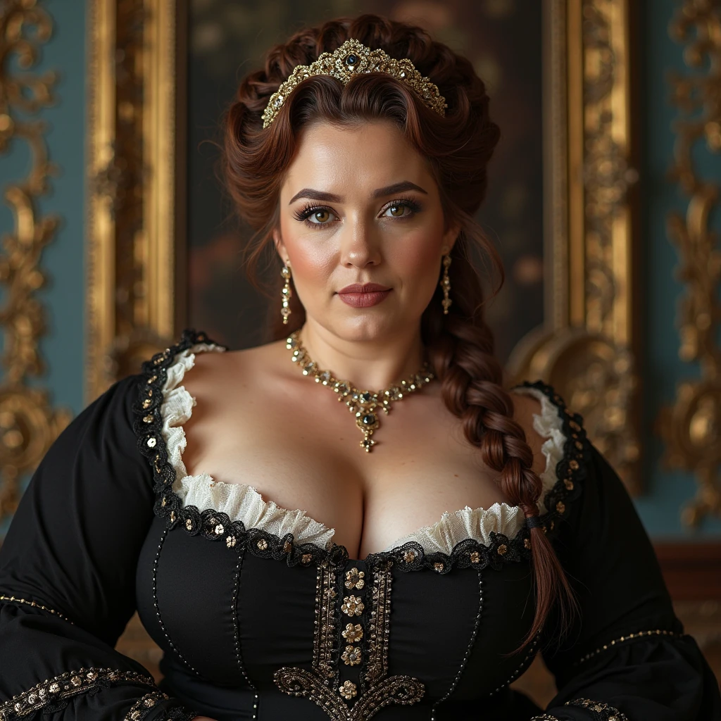  CHUBBY QUEEN, , BBW, photo vintage, visage feminin parfait, 4 FEET LONG CURLY HAIR  , tache de rousseur, 1788, big huge breasts : 36DDD, TITS VIEW, Rembrandt LIGHT ,  EXTREME LONG V-NECK, BIG CLEAVAGE,  BEAUTIFUL EYES, BEAUTIFUL HANDS, LIGHT SMILES,  PERFECT FACE, tres long décolleté, CASTLE BACKGROUND, QUEEN, NECKLACE, RING, JEWELERY RICH, SFW, FULL BODY, COLORFUL, ITALIAN, ROYAL LINGERIE , harem, DIAMOND CROWN, 