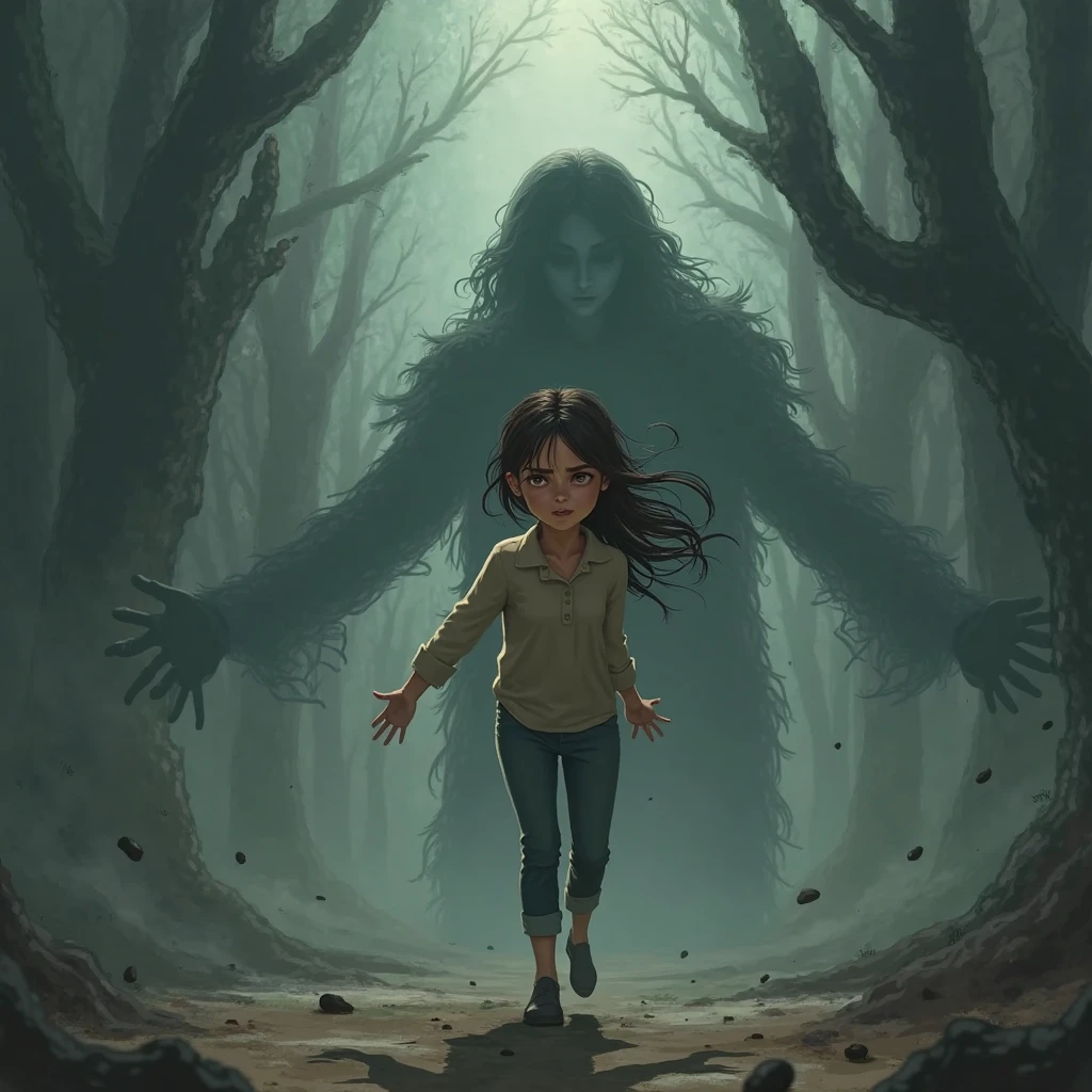 For your book cover, you could imagine a scene where a 9-year-old girl is happily playing alone in a misty and spooky setting reminiscent of Silent Hill. The  could be shown smiling and playing innocently in the foreground, perhaps with a favorite toy or pet.

In the background, partially obscured by fog, you could depict the silhouette of a teenage girl aged 18, looking sinister or mysterious as she spies on the younger girl. The contrast between the innocent child and the watchful teenager could create a sense of tension and intrigue for the viewer.

You could use a color palette of muted grays, blues, and greens to enhance the eerie atmosphere of the scene. Adding subtle details like twisted trees, distant shadows, or subtle hints of decay could further enhance the Silent Hill style of the cover.
