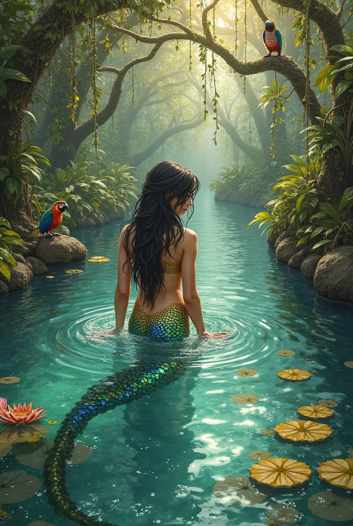 (semirealism drawing:1.2), beautiful woman,  tanned skin, sitting at a shallow lake, very long hair, black hair, hair touching the water, pointy ears, stoic expression, image shot from back, a mermaid, mermaid tail, tail is green colored, very detailed tail, tail is splashing the water, bare upper body, very detail face, sharp features face, very detail eyes, different colored eyes, forest in background, glimmering with sunlight, drenched wet.
