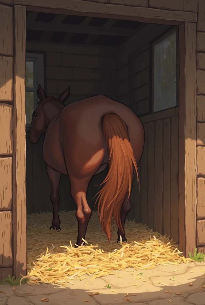 1woman,1horse,Surtr(Arknights),red hair,curvy body,pet collar on her neck,big breast,big thighs, big ass,fully naked,very wet body,very nsfw,bred by a horse(black color,has a massive cock),mating on floor,fucked from behind, doggy style,sex scene, midnight setting,inside a barn,((hemophilia art style)).