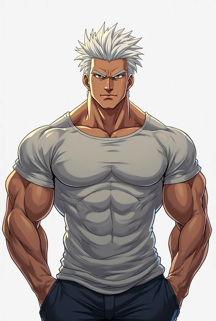 Macho bonito, ele tem cabelo branco, quase sempre despenteado, e sempre penteado pra cima,tip cabelo do personagem Satoru Gojo do anime Jujutso Kaisen, mas tem um certo olhar para ele. He's tall, com ombros largos, musculoso. His face is very masculine, mas ele tem olhos realmente gentis. Olhos azuis cristalinos extremamente atraentes,cara de cafajeste, The eyelashes as well as the hair and eyebrow are white as snow,mas sem exagerar. large bulge. just with boxer shorts . don't wear any shirt ,um homem muito atraente.