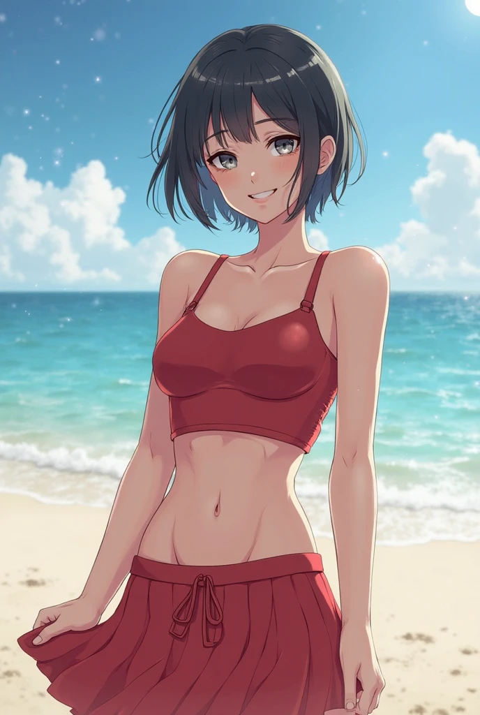 masterpiece, best quality, 1girl, solo, breasts, looking_at_viewer, smile, bangs, navel, cleavage, standing, collarbone, swimsuit, bikini, cowboy_shot, small_breasts, outdoors, parted_lips, sky, day, cloud, water, blue_sky, ocean, ass_visible_through_thighs, white_bikini, beach, thigh_gap, letterboxed, arm_behind_back, <lora:ichigoV2:1>
