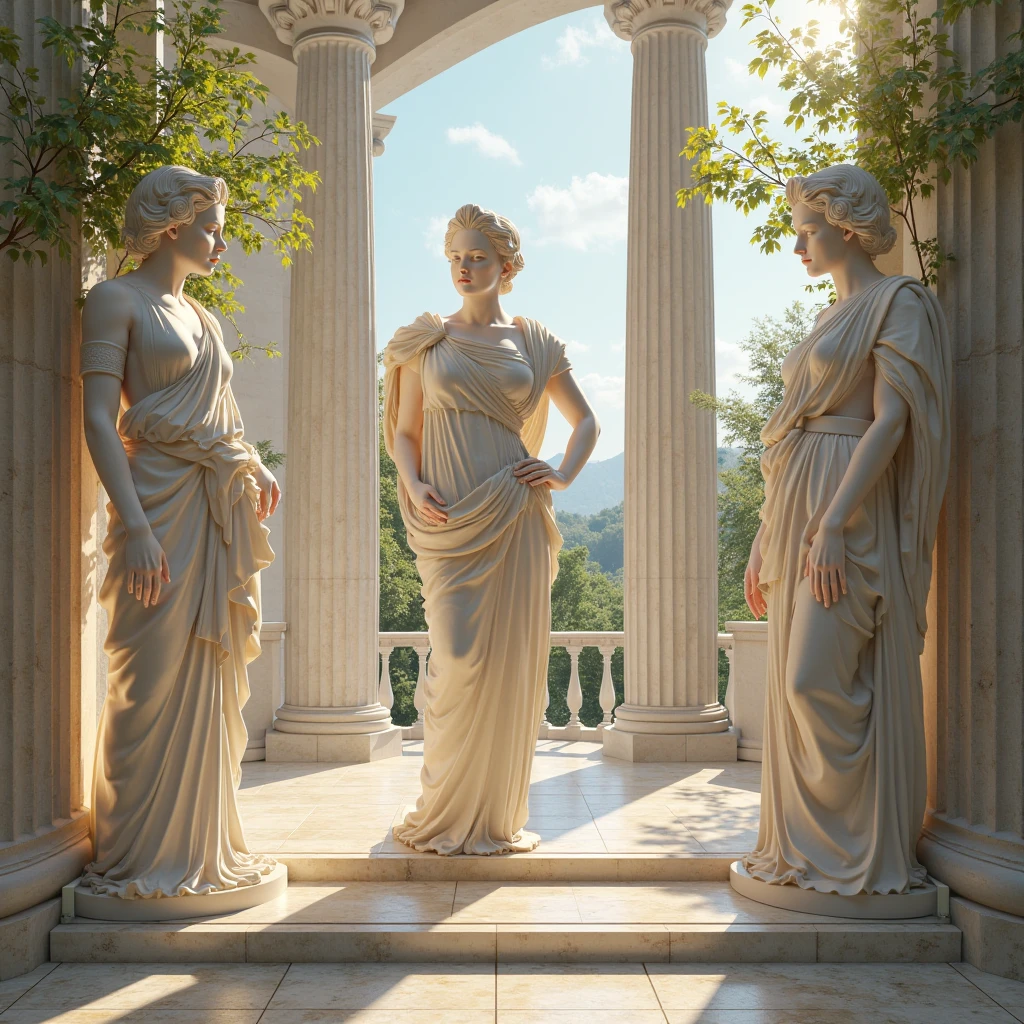 A garden with statues of naked women