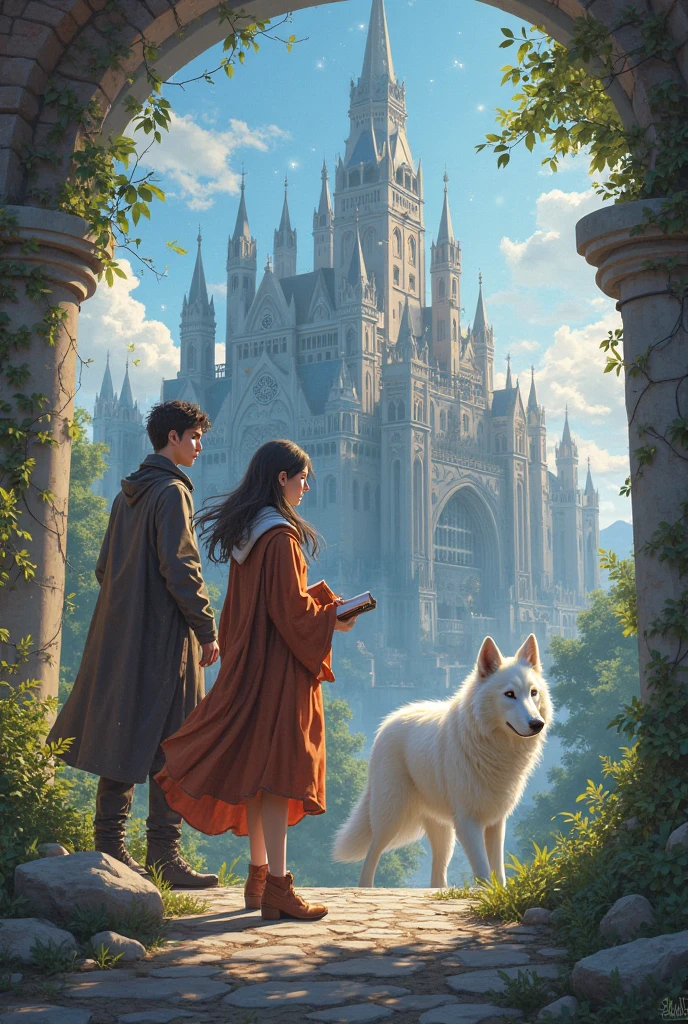 fantasy book cover, magic academy in the background, in the foreground, a student girl with books in her hands, next to a tall handsome man and a big white dog, wolf-like