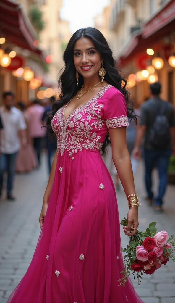 Create an ultra-realistic image of a modern, attractive female influencer of Indian descent, aged between 27 to 30. She should have a warm and inviting smile, expressive almond-shaped eyes with a slight shimmer, and clear, glowing skin with a medium brown complexion. Her features should be well-defined, with high cheekbones and a sharp jawline. Her hair should be long, thick, and styled in a sleek high ponytail with a bit of volume at the crown, with a vibrant, warm red color that’s eye-catching and bold. She should have a slender yet athletic build, reflecting a healthy and active lifestyle, with a medium bust size (40-42 inches) that offers versatility in fashion.

She is wearing a blush pink chiffon saree paired with a rose gold sequin blouse that highlights her toned figure. Her outfit is completed with stylish black heeled sandals that add elegance to her look. She accessorizes with subtle yet chic jewelry, such as small hoop earrings and a few thin bangles.

The background should be a chic outdoor cafe with fairy lights and potted plants, suggesting a sophisticated and charming lifestyle. Her overall appearance should exude confidence, approachability, and sophistication, capturing the essence of a contemporary Indian fashion influencer.