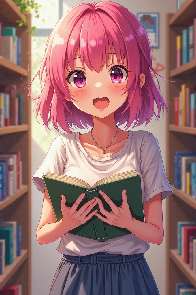 A beautiful pink-haired girl,Wear a white shirt,short white pants,Bare arms,Bare thighs,Holding a delicate book,The girl was happy,beautidful eyes,