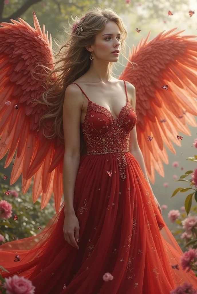 Beautiful female angel, whole body, Costumes inspired by the Danish flag, Standing next to a new car