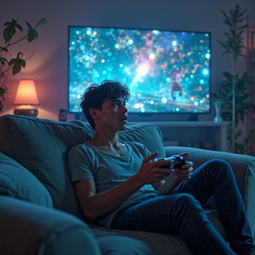 Make a person in first person view playing video games on TV in bedroom lying on bed