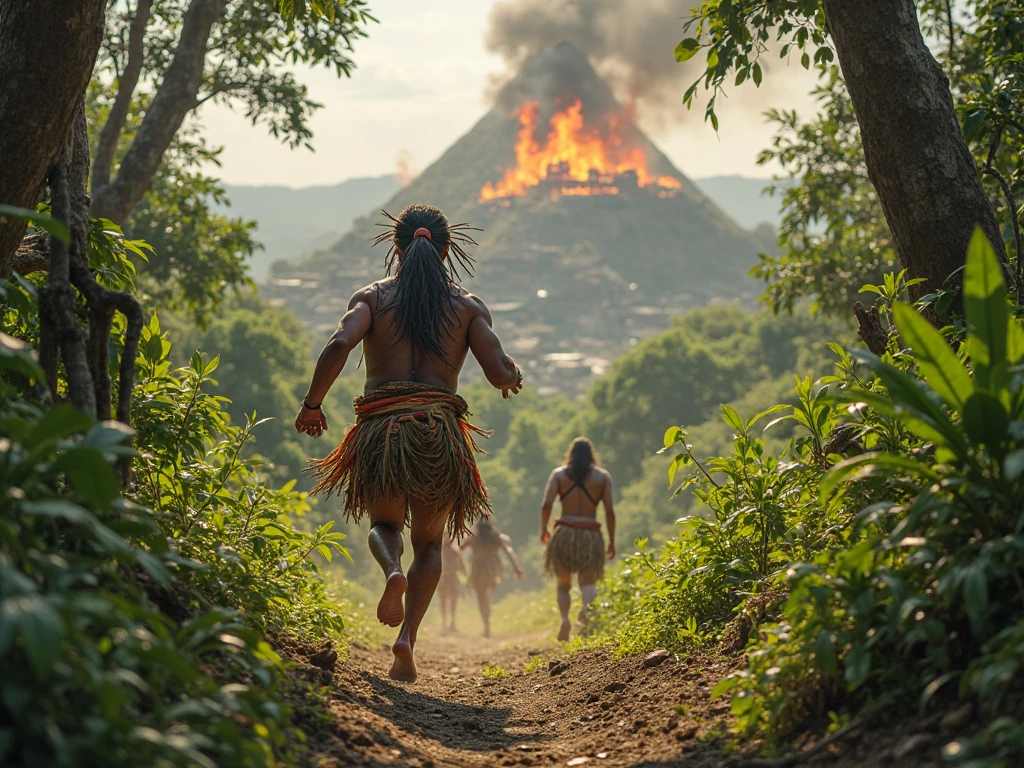 "Una escena que muestra a la tribu Zotzil robando el fuego bajo el humo, with a bat god called Chamalcán in the background. Varias tribus ofreciendo sacrificios a Tohil, while Balam-Quitze, Balam-Acab, They observe Mahucutah from Iqui-Balam from Tulán-Zuiva. En el cielo, la estrella brillante Icoquih precede al sol naciente."