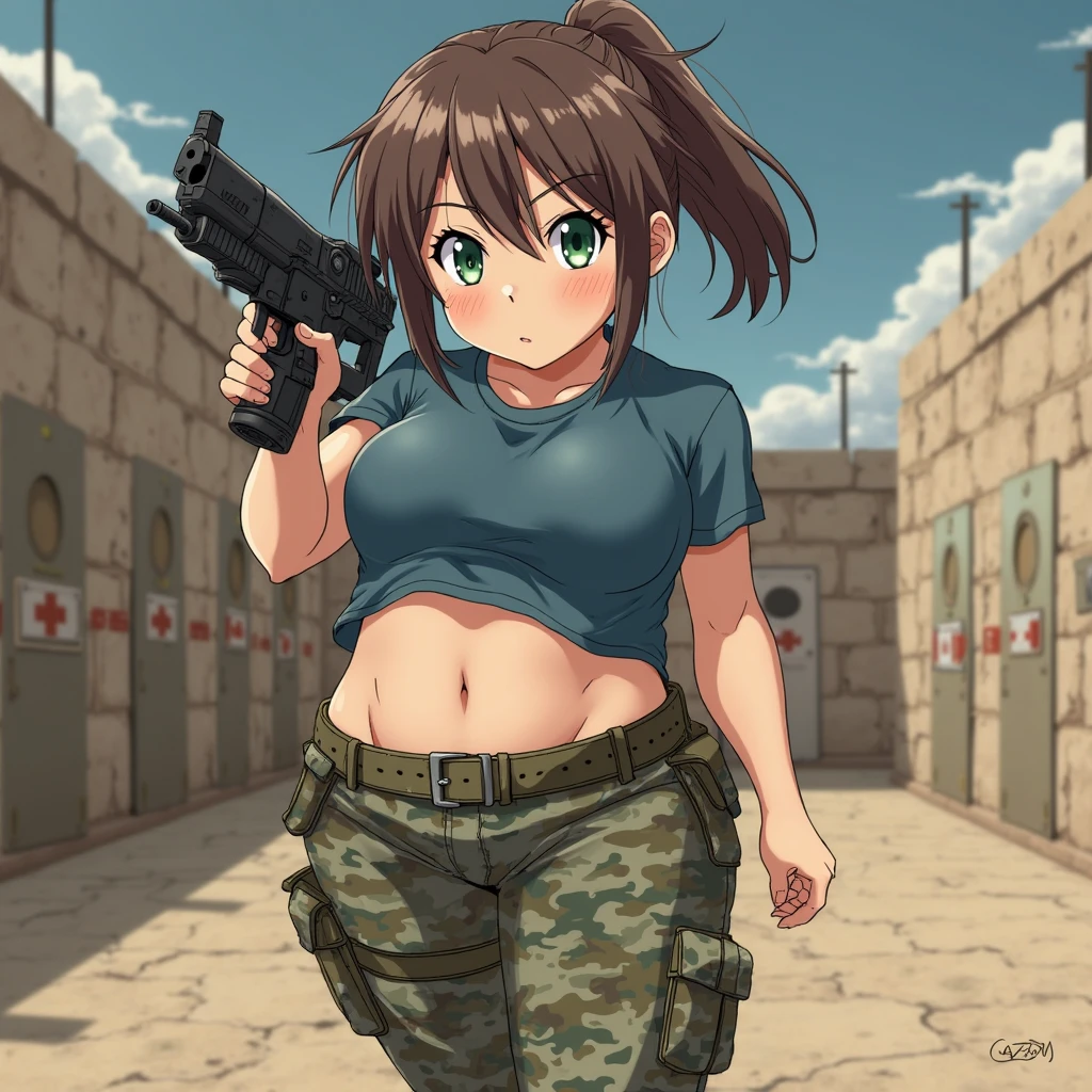 (kinako_(shiratama_mochi) style, ((topless)), nsfw, masterpiece, 1 girl, erect nipples, intricately detailed, navel, bare shoulders, brown hair, hard hat, construction site, towel on neck, wiping sweat, baggy pants, cargo pants, extremely detailed, bare breasts, puffy nipples, green eyes, bare stomach, sweaty, medium breasts, arm strap, cowboy shot, holding sledgehammer, teen, chain, soft eyes, smiling, day, belt, rubble