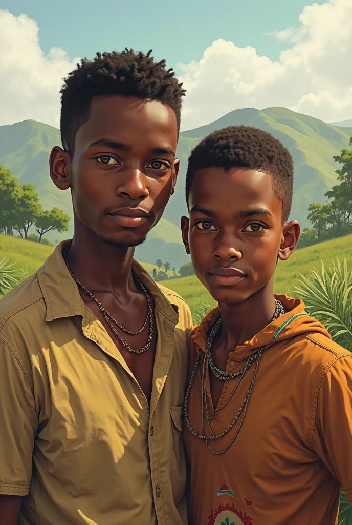 Create a highly detailed ultra realistic portrait image of a young cute African boy of around 12 years who is chatting under a tree with his grandfather.