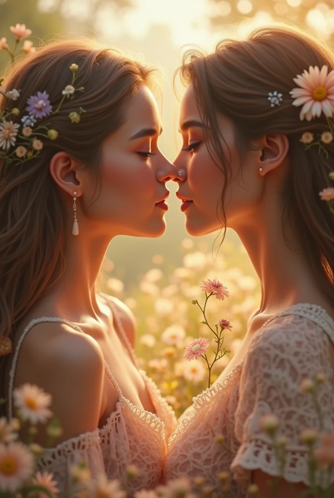 (Highest quality、Tabletop、8k、Best image quality、Award-winning works)、(Two beautiful women deep kissing:1.2)、(Lesbian:1.2)、(Close-up of face:1.3)、Flower Hair Ornaments、Beautiful elegant wavy hairstyle、(Lily field background:1.2)、(Lots of beautiful lilies:1.2)、(Surrounded by many lilies:1.2)、Perfect beautiful glossy lips、(Accurate anatomy:1.2)、Glowing White Skin、Very white skin、Most romantic