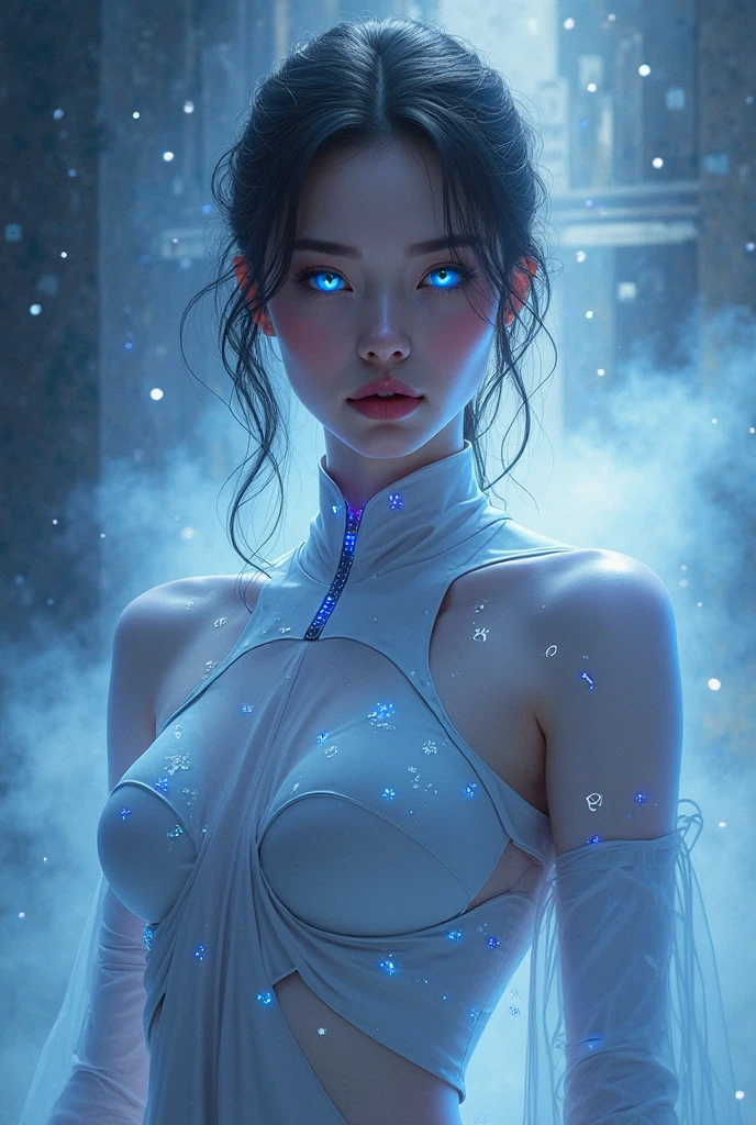 imagine a glass woman, Her delicate figure is like a sculpture-like work of art, Crying in the Starry Sky. The blue night enveloped her, Casting a melancholy light on her ethereal figure. Her glass body glows with bright blue hues, Every line and curve is etched with intricate detail. The glass in her eyes reflects the twinkling stars, Reflecting the infinite depth and emotion of the universe. Her sadness is beyond words, But her beautiful figure is still untarnished, Proof of the extraordinary power of emotion. This 4K glass woman is an exquisite picture of light and shadow, color, and feeling, arrive,body glow,glowing line,fluorescence,Luminous example,Tracking example,flash,萤light particles,backlight,translucent,light particles,correct human anatomy,