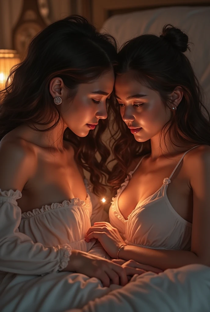 Two high school girls., open mouth vampires with fangs, long straight black hair,totally naked withoothes,erect nipples,biasts, ist, lonly legs,in a dark room in the castle,Red curtains,swords on the wall,Spider webs, open legs on the bed,Burning torches on the wall illuminating the room. ,ultra detailed, 8k quality