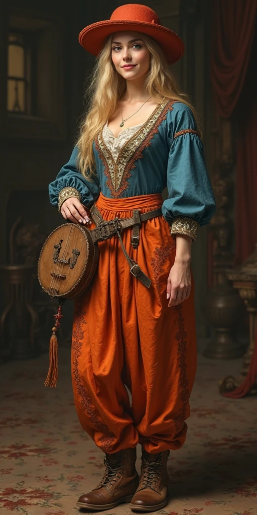 hyperrealistic, (masterpiece:1.3), (absurdres:1.3), (best quality:1.3), (8K), ((rostro perfecto)), Detailed hands, detailed eyes, (Bright colors), (intricate details:1.3), vibrant colors, (ultra-detailed:1.3), ((dynamic lighting)), REST (a full body girl), Young woman, (Huge Breasts), slender body, contrapposto, On stage, stage of the middle ages, looking at the viewer, smile, upper body style, close up,  Belt bag ,  brown shoes , blue and orange shirt , (orange pants), orange pleated skirt, red hat, mangas largas, lute ( instrument ),  instrument  de cuerdao, Long hair, green eyes, blond hair, Priscilla W3 