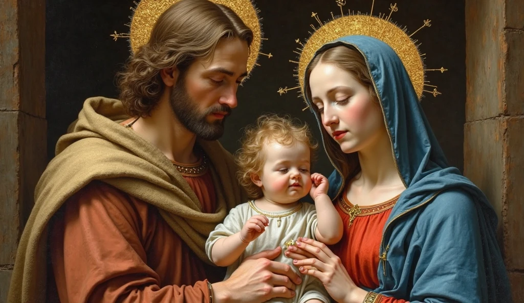 (photorealism:1.2), handsome Jesus Christ and virgin Mary carrying handsome baby Jesus, perfect real images, wearing the yellow color of palace clothes and crown with light in their head and their heart spreading all over in the church, perfect Jesus Christ, perfect virgin Mary, perfect baby Jesus, real Jesus Christ, real virgin Mary, real baby Jesus, perfect five hands, perfect foot,perfect smiling face, elegant, soft lighting, many clouds, stand straight, realistic, intricate details, warm colors, by Earl Cornelio Necor