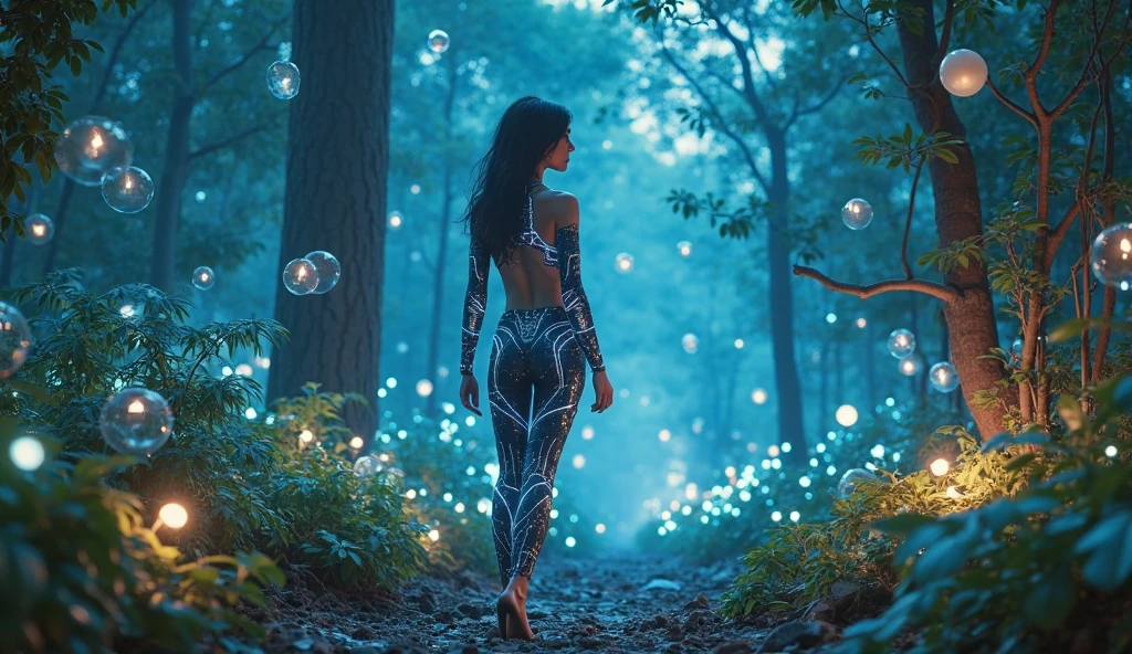 An ultra hot gorgeous European woman, age 23. She’s a playmate and men magazine supermodel. Sexy curvy hourglass body. Large breast ((95Dd)).Random hair color. She’s In a enchanted forest, (starry night), She sits naked with her legs spread.her body covered by blue bio luminescent tribal tattoos.Bokeh, shallow depth of files, Fireflies fly through the air.