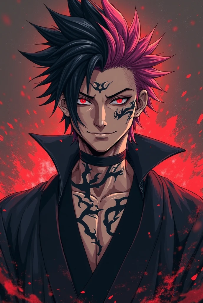 Japanese animation traits, Humanoid man with cut marks on his body and scars, has red eyes, purple hair and gray skin, has a mischievous smile on his face, besides having blades of flesh coming out of his arms.