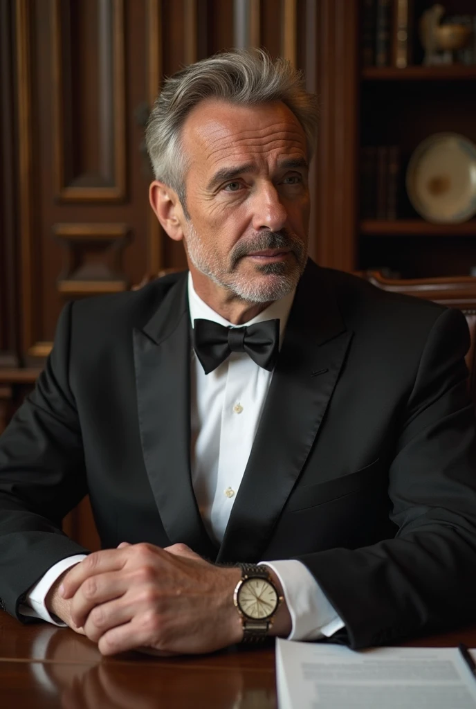 /A man in his 50s, very elegant, dressed in a tuxedo, sitting at a table, a set table, in a fancy restaurant. The man had a scared look on his face, looking at the photo. Realistic image, high definition quality, high quality image.